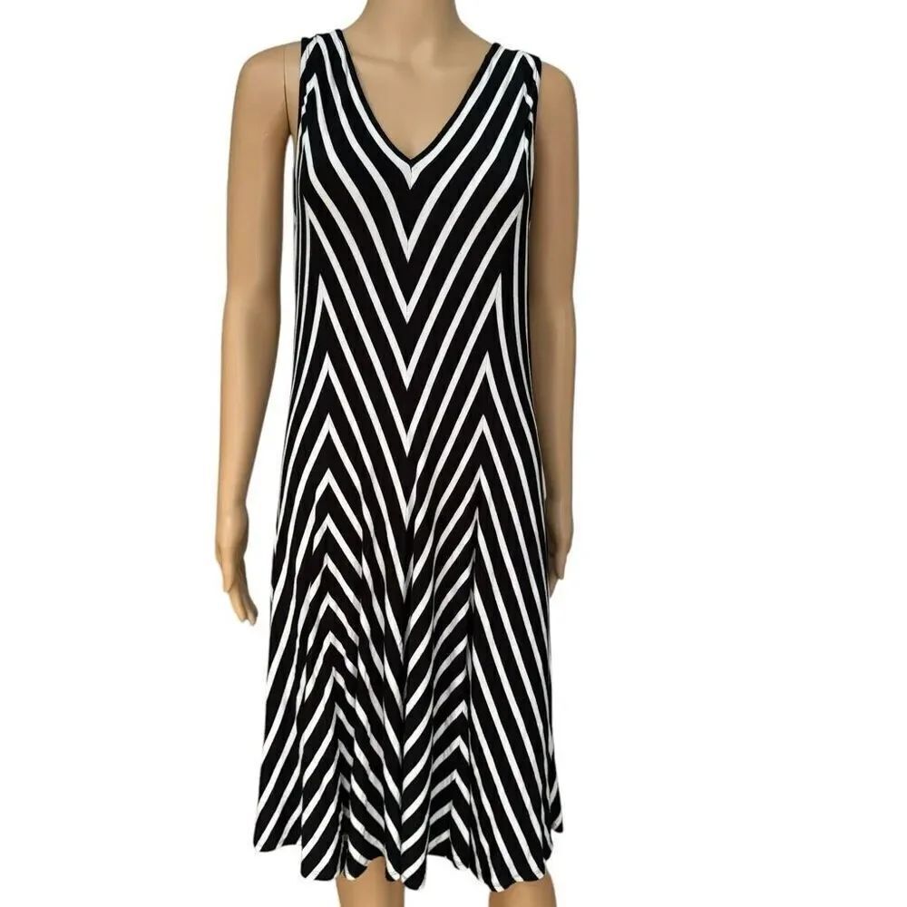 Chelsea & Theodore Women's Sleeveless Stripe V-Neck Stretch Midi Dress Size L